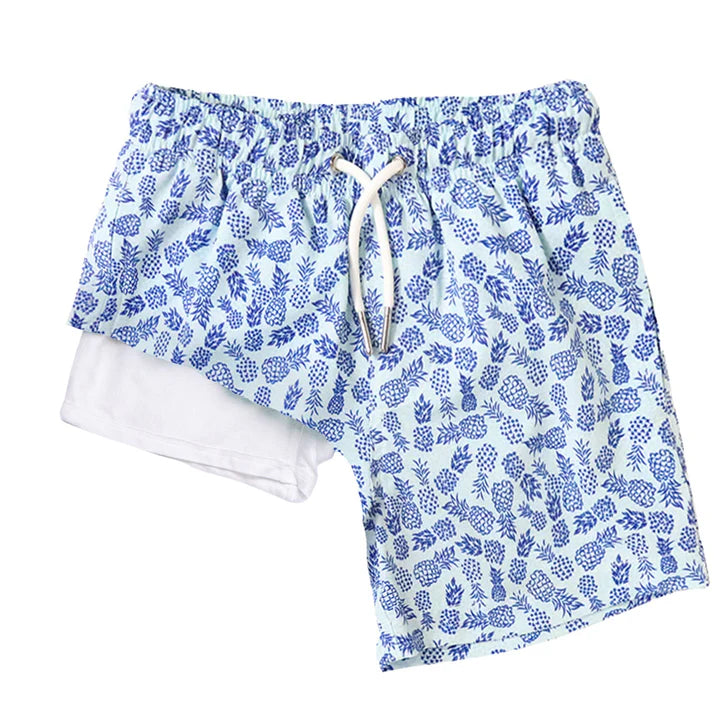 Bermies Mens Pineapples 7" Inseam Swim Trunks with Compression Liner