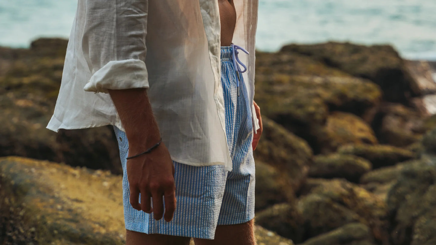 Bermies Mens Seersucker 5.5" Swim Trunks with Compression Liner