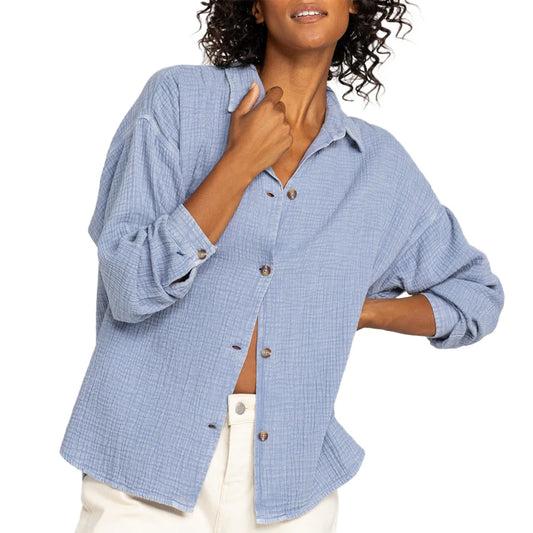 Roxy Women's Morning Time Washed Long Sleeve Button Up Shirt