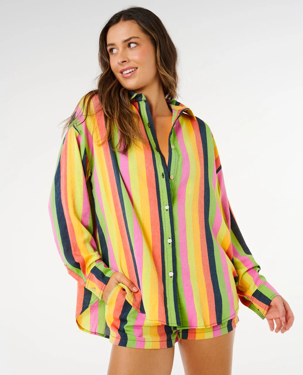 Rip Curl Women's Farm Rio Neon Stripe Relaxed Shirt
