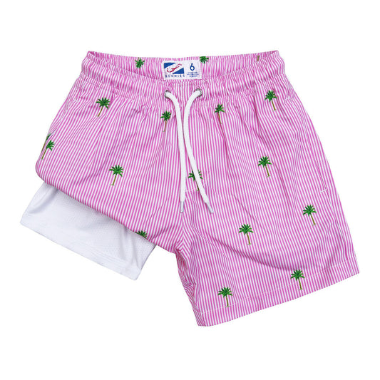 Bermies Mens Pink Palm Stripe Classic Swim Trunks