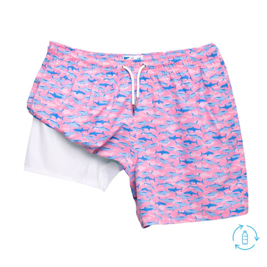 Bermies Mens Pink Sharks Classic Swim Trunks w/Liner