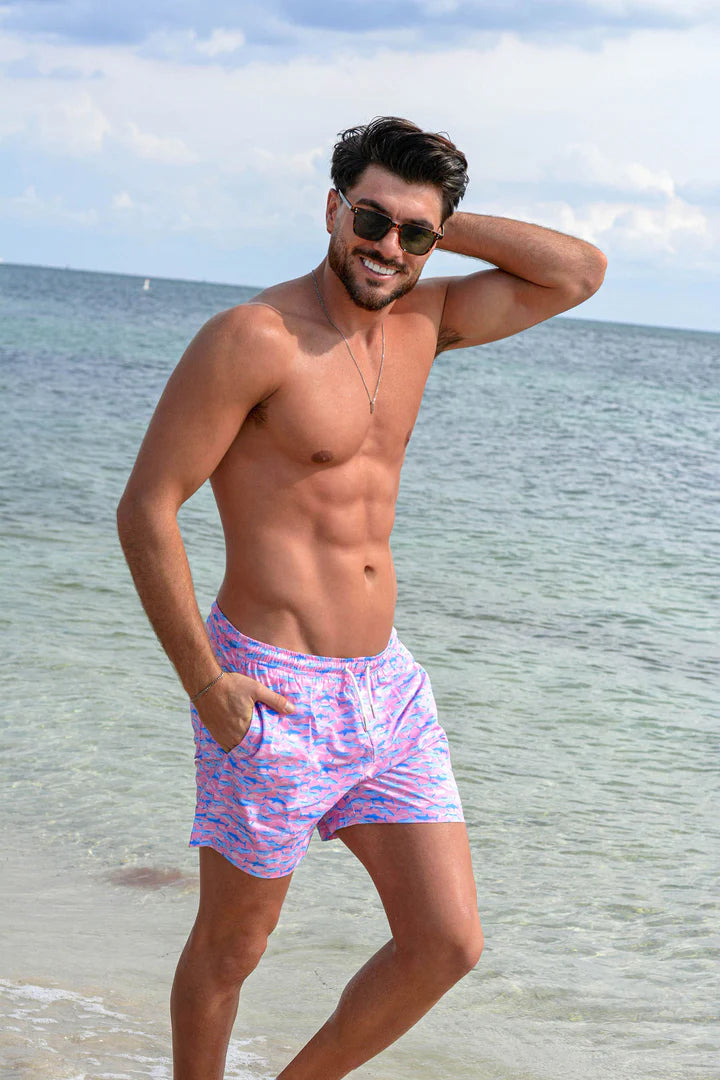 Bermies Mens Pink Sharks Classic Swim Trunks w/Liner