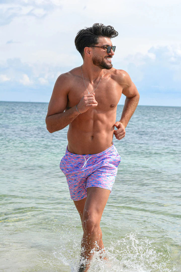 Bermies Mens Pink Sharks Classic Swim Trunks w/Liner