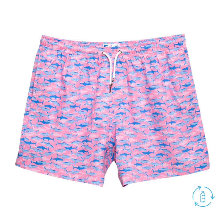 Bermies Mens Pink Sharks Classic Swim Trunks w/Liner