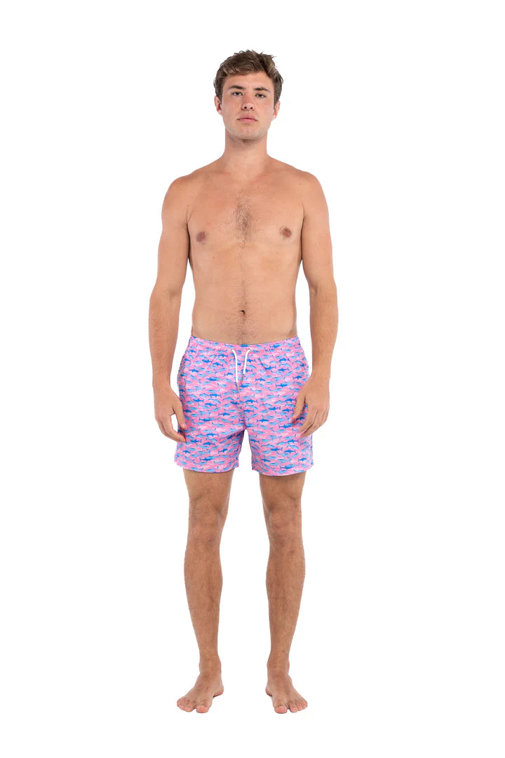 Bermies Mens Pink Sharks Classic Swim Trunks w/Liner