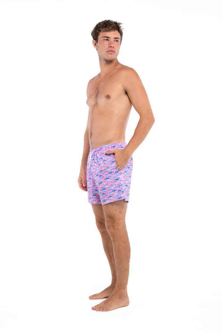 Bermies Mens Pink Sharks Classic Swim Trunks w/Liner