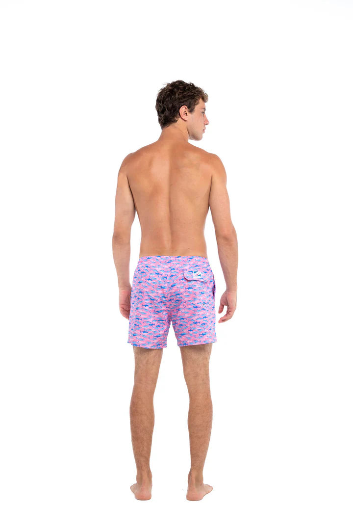 Bermies Mens Pink Sharks Classic Swim Trunks w/Liner