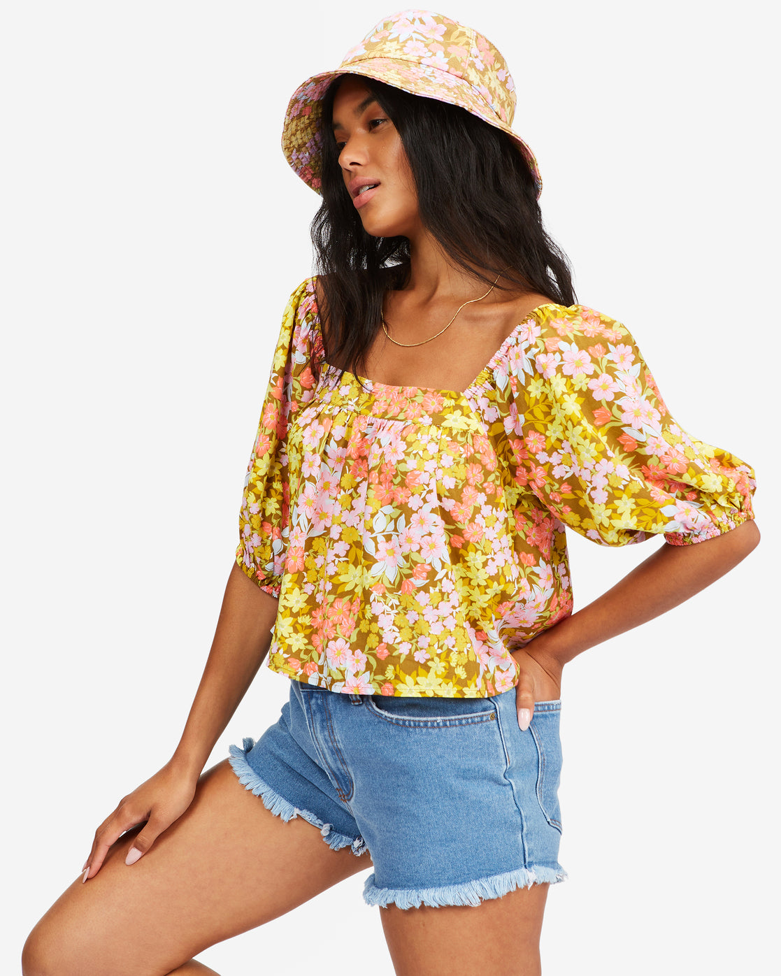 Billabong Women's Beach Daze Puff Sleeve Crop Top